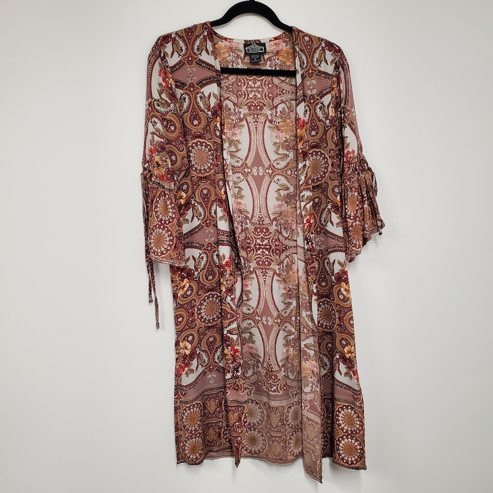 Angie Boho Kimono Cardigan Topper Longline M Brown Mocha Paisley Casual Hippie